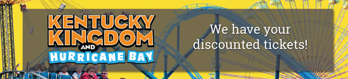 Image of people riding on a roller coaster with text reading 'Kentucky Kingdom and Hurricane Bay - get your discounted tickets here!'