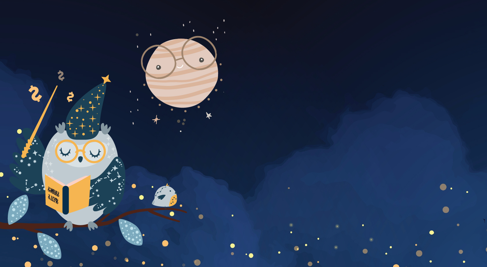 Playful imagery of owl, raccoon, and hedgehog with magic wands.
